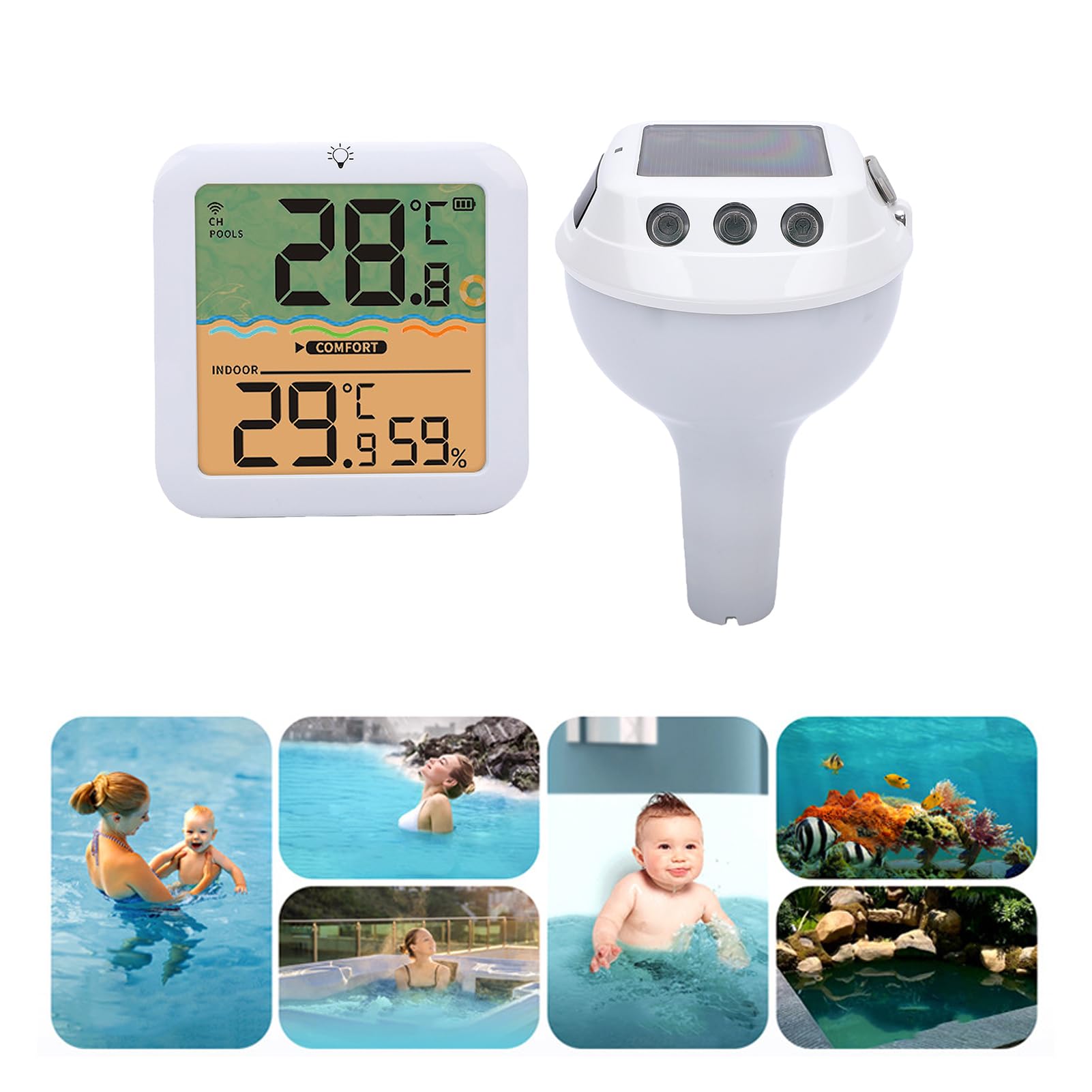 Tangxi Termómetro Solar Digital para Piscina Termómetro Flotante para Piscina con Luces RGB Alimentadas por Energía Solar Pantalla Digital Temperatura Interior Exterior Humedad para (WHITE)