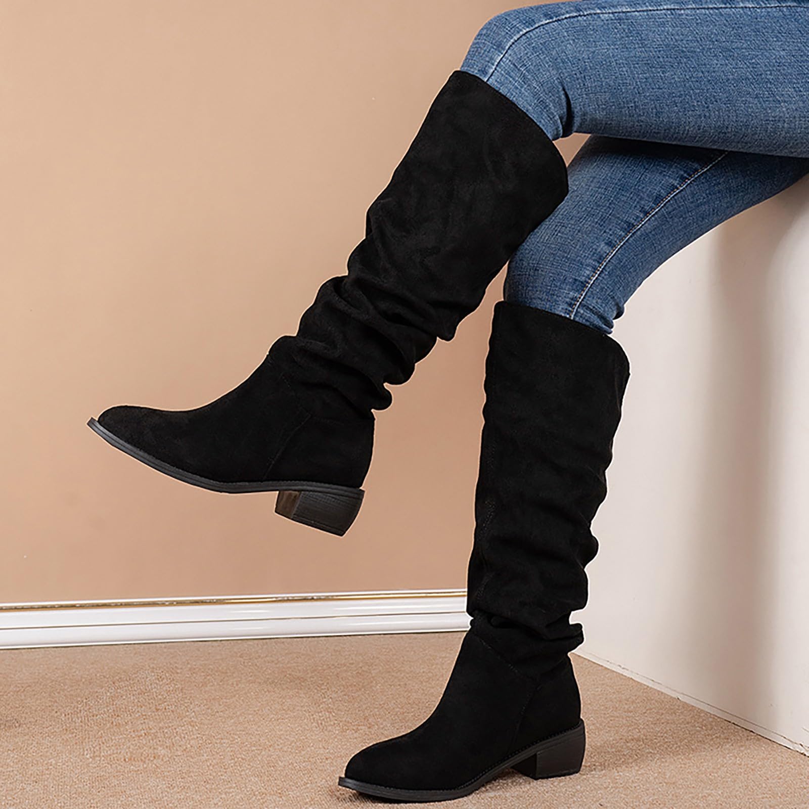 Stivali Fold Over Slouch Block Tacchi al ginocchio Eleganza incontra la funzionalità, design sottile, stivali lunghi in pelle con tacco alla caviglia, eleganti scarpe da donna