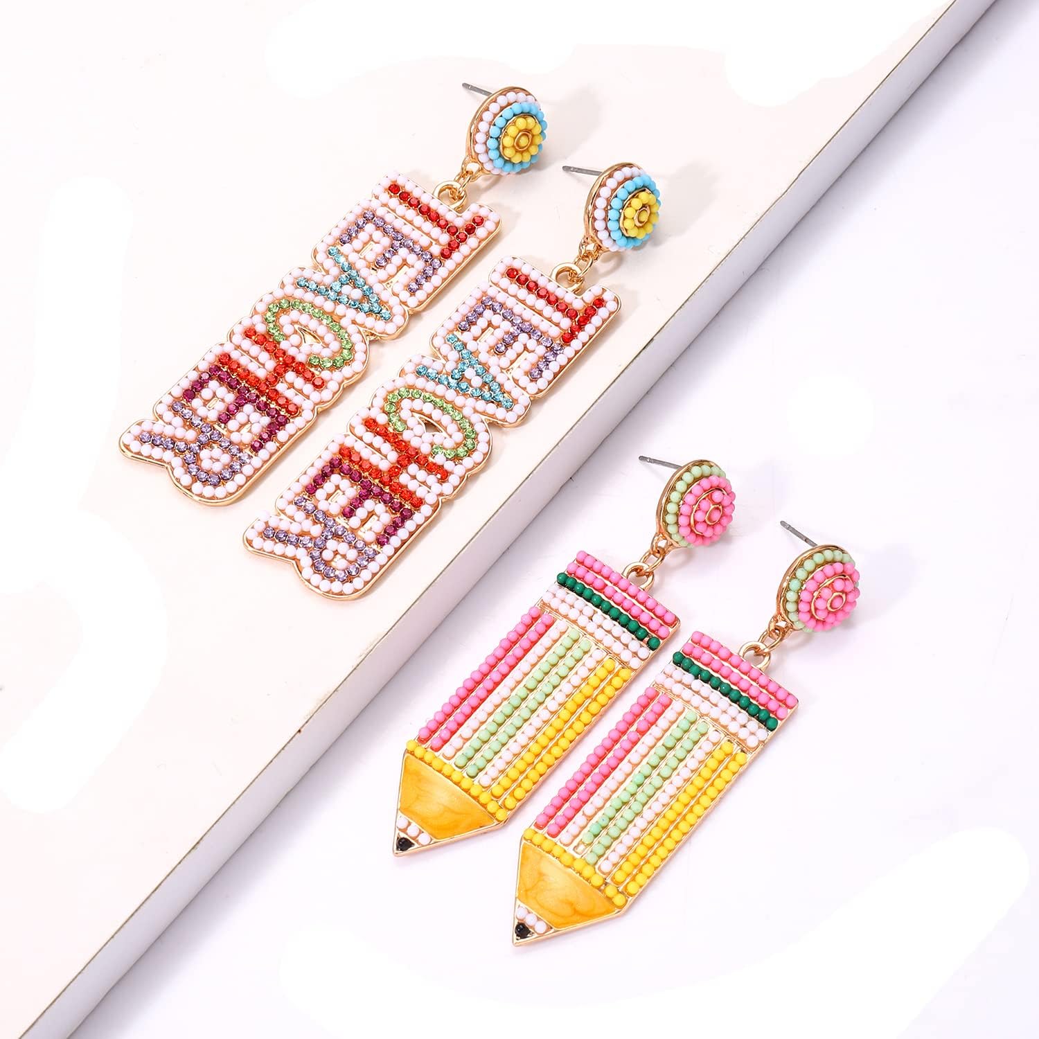 NLCAC 2 Pairs Women Beaded Pencil Drop Dangle Earrings - Back To School Teacher Appreciation Gifts - Image 2