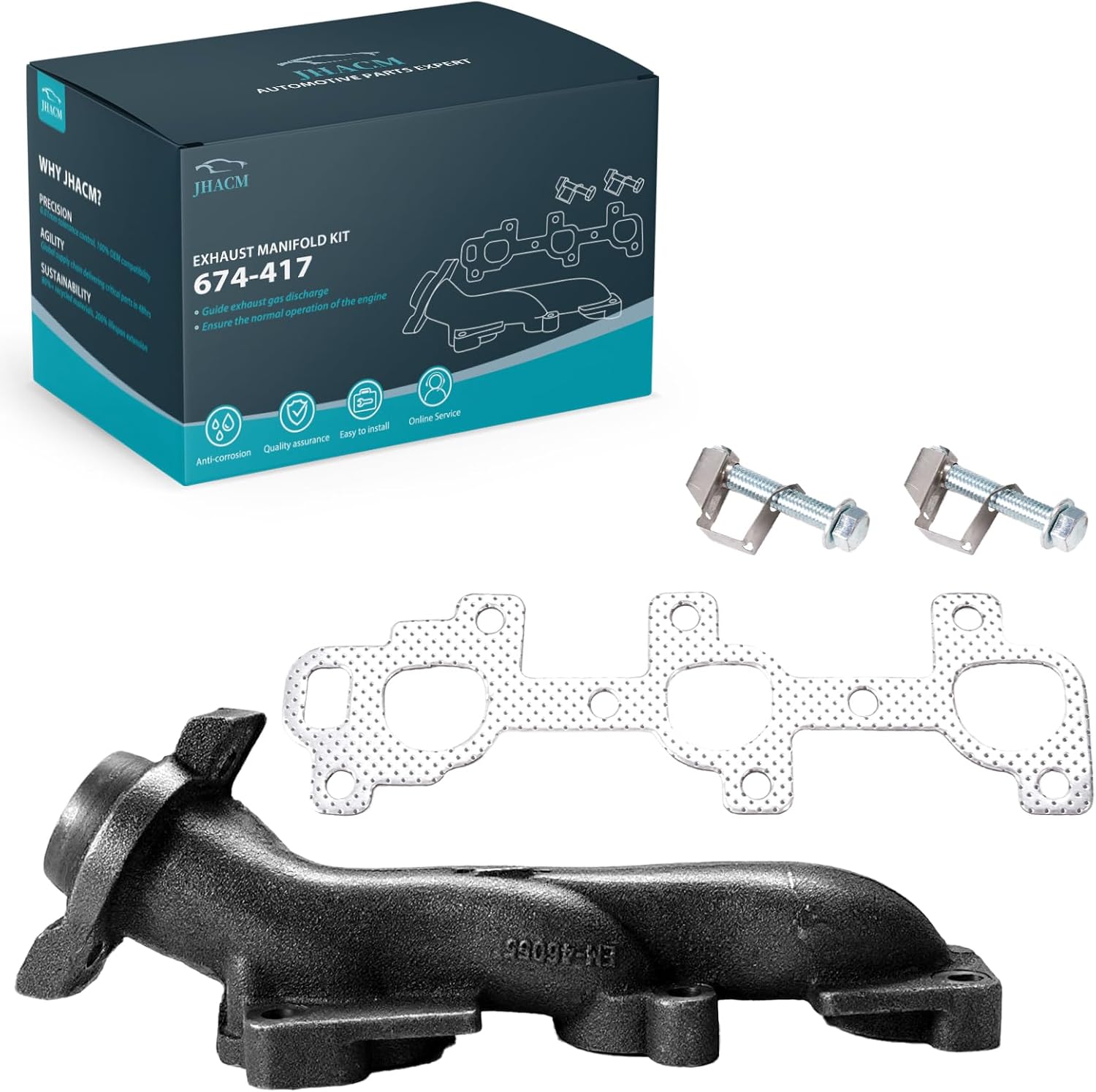674-417 Driver Side Exhaust Manifold Kit Fits for Dodge Dakota Ram 1500 3.7L (2004-2010)& Mitsubishi Raider 3.7L (2006-2009), Cast Iron with Gaskets &Hardware
