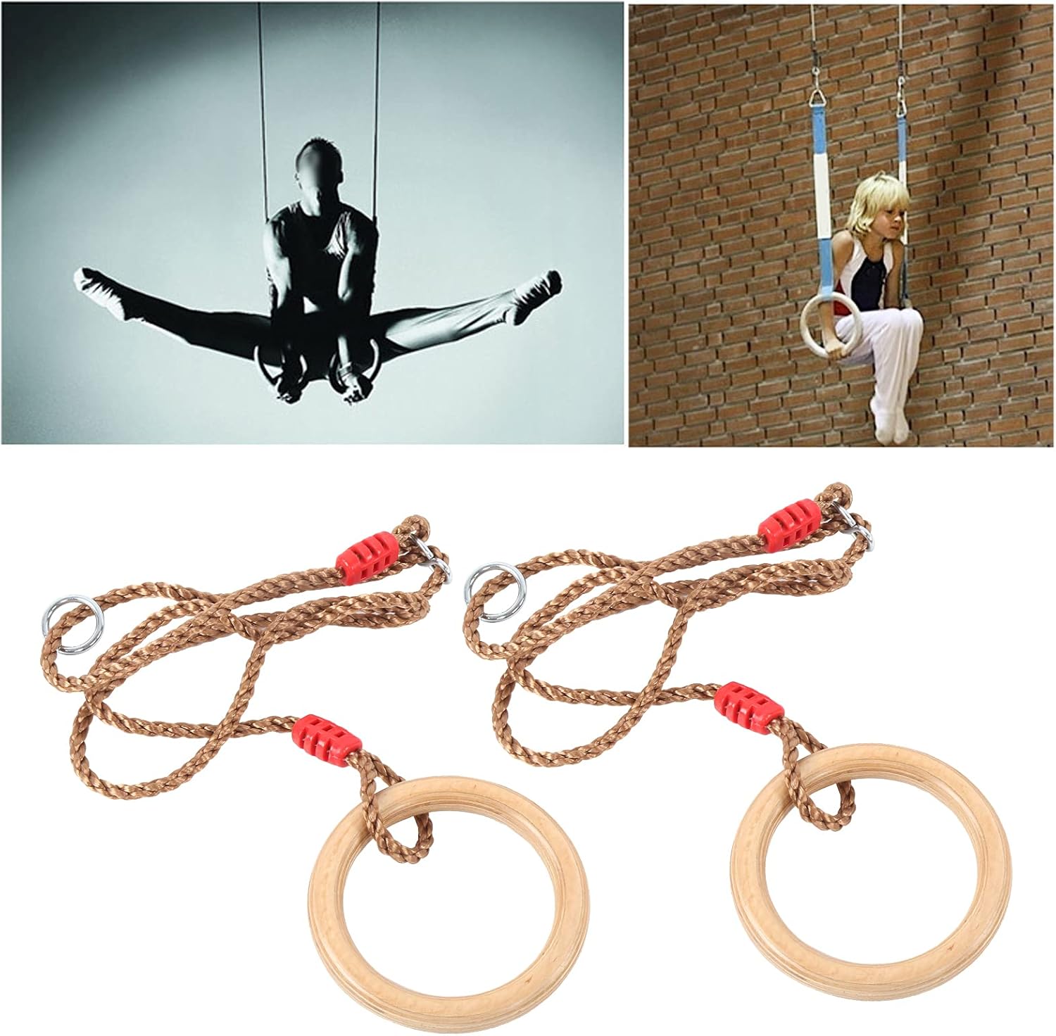 Gymnastics Rings,2Pcs / Set Fitness Wooden Gymnastics Ring with Rope Children Sports Wooden Swings Rings for Workout Bodyweight Fitness Training