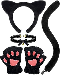 Black Cat Costume Accessories - Cat Ears Headband Tail Paws Gloves Choker Fluffy Cute Set for Adult Women Halloween