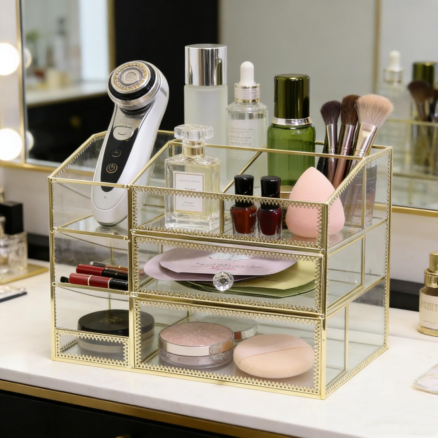 Hersoo Luxury Gold Trim Glass Makeup Organizer, 3-Tier Mirrored Vanity Dressing Table Storage Case for Skincare, Perfume, Lipstick, Brushes, Desktop Cosmetic Organizer
