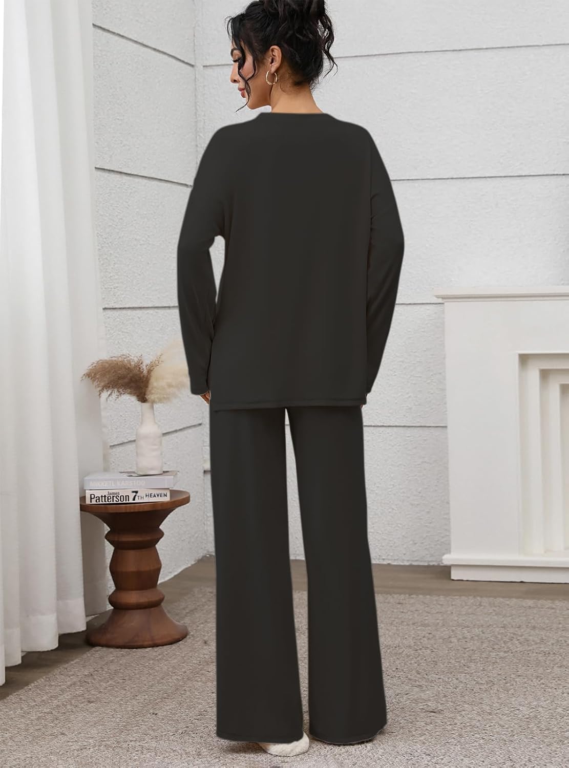 Zevi Womens 2 Piece Outfits Casual Loose Long Sleeve Pullover Tops & Wide Leg Pants Soft Basic Lounge Sets Tracksuit - Image 8