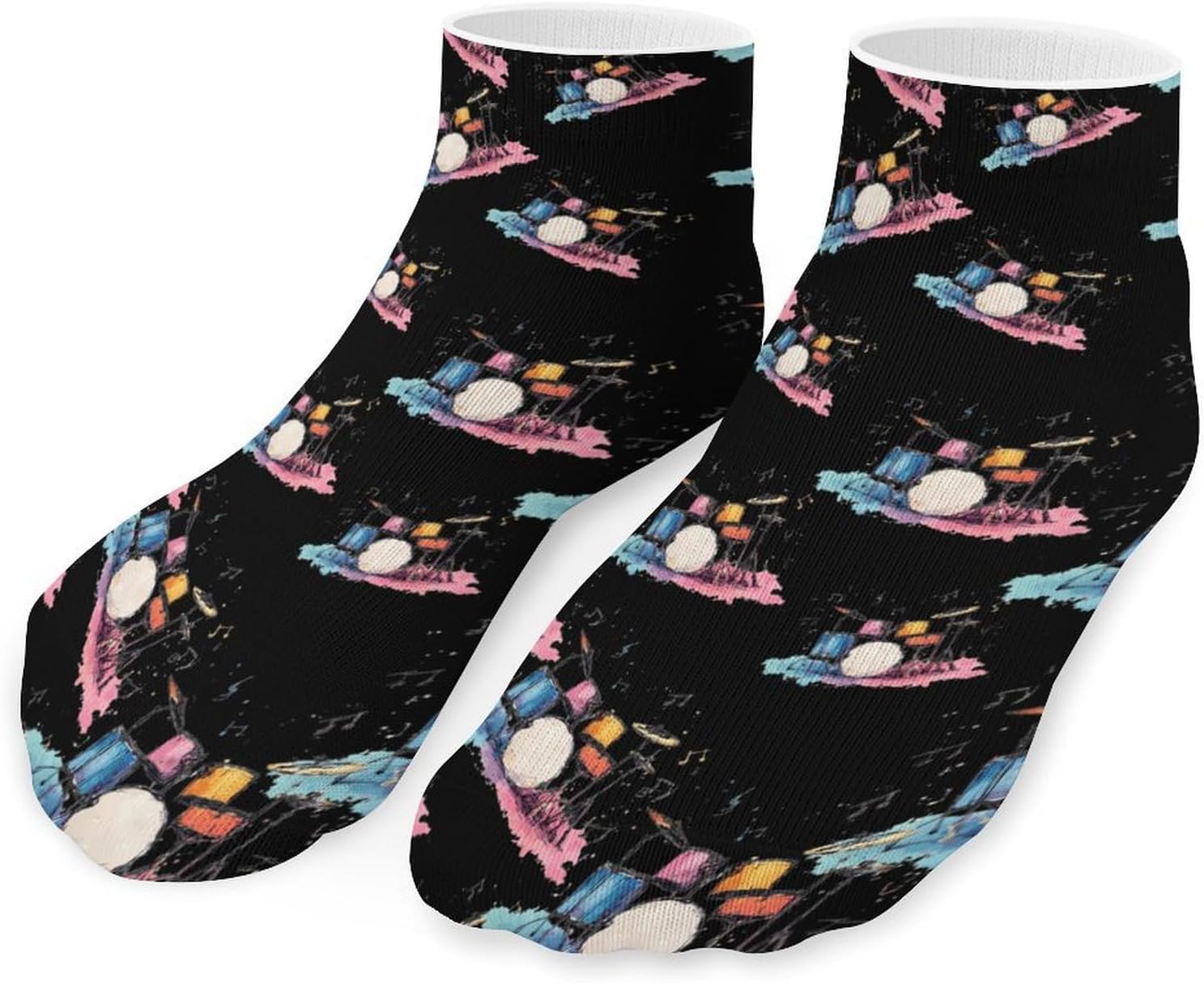Drum Musical Notes No Show Ankle Socks Low Cut Non Slip Flat Boat Line 5 Pairs Set