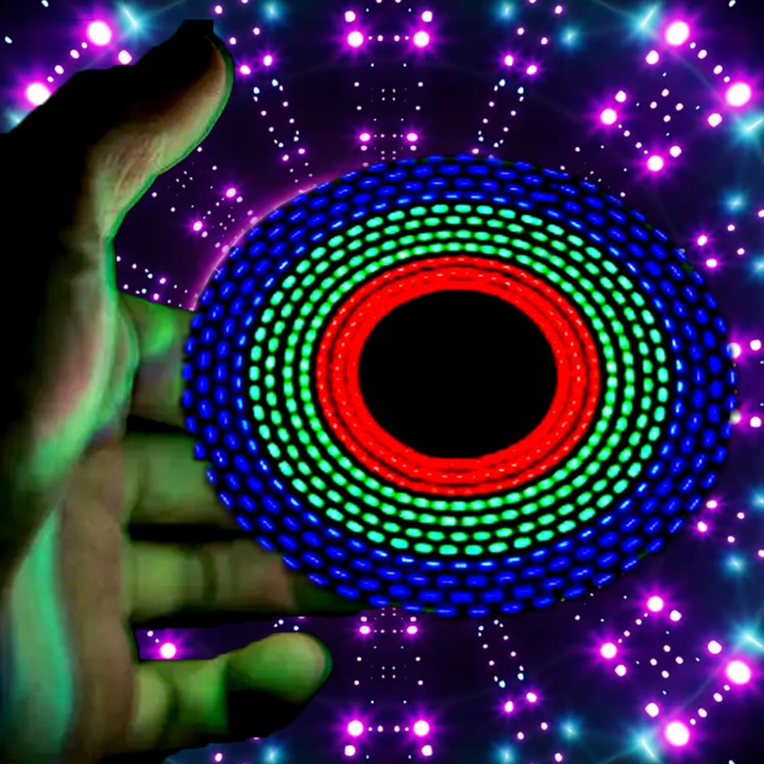 Rotating gyroscope displaying colorful LED patterns