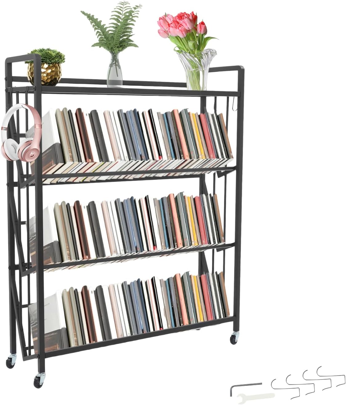 4-Tier Rolling Book Cart, Large Capacity Bookshelf Storage Rack, Metal Mobile Book Storage with Wheels Cart for Living Room, Home, Office, Classroom, Practical Hook, 35.4*9.8*44In (Black)