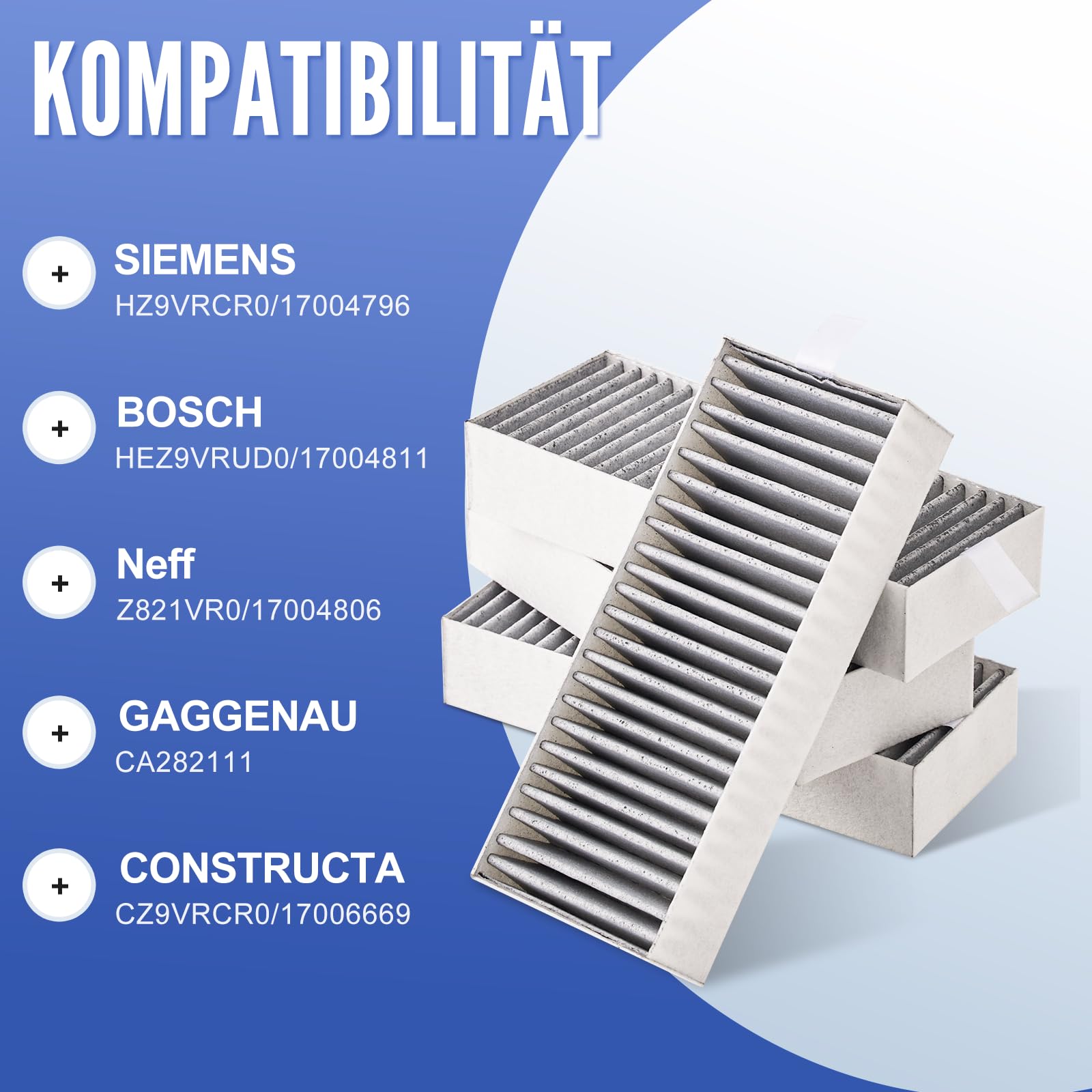 Lot de 4 filtres à charbon actif pour hotte aspirante Siemens HZ9VRCR0 17004796/Bosch HEZ9VRUD0 17004811/Neff Z821VR0 17004806/Gaggenau CA282111/Constructa CCZ9VRCRCR0 17006669 Clean Recirculateur