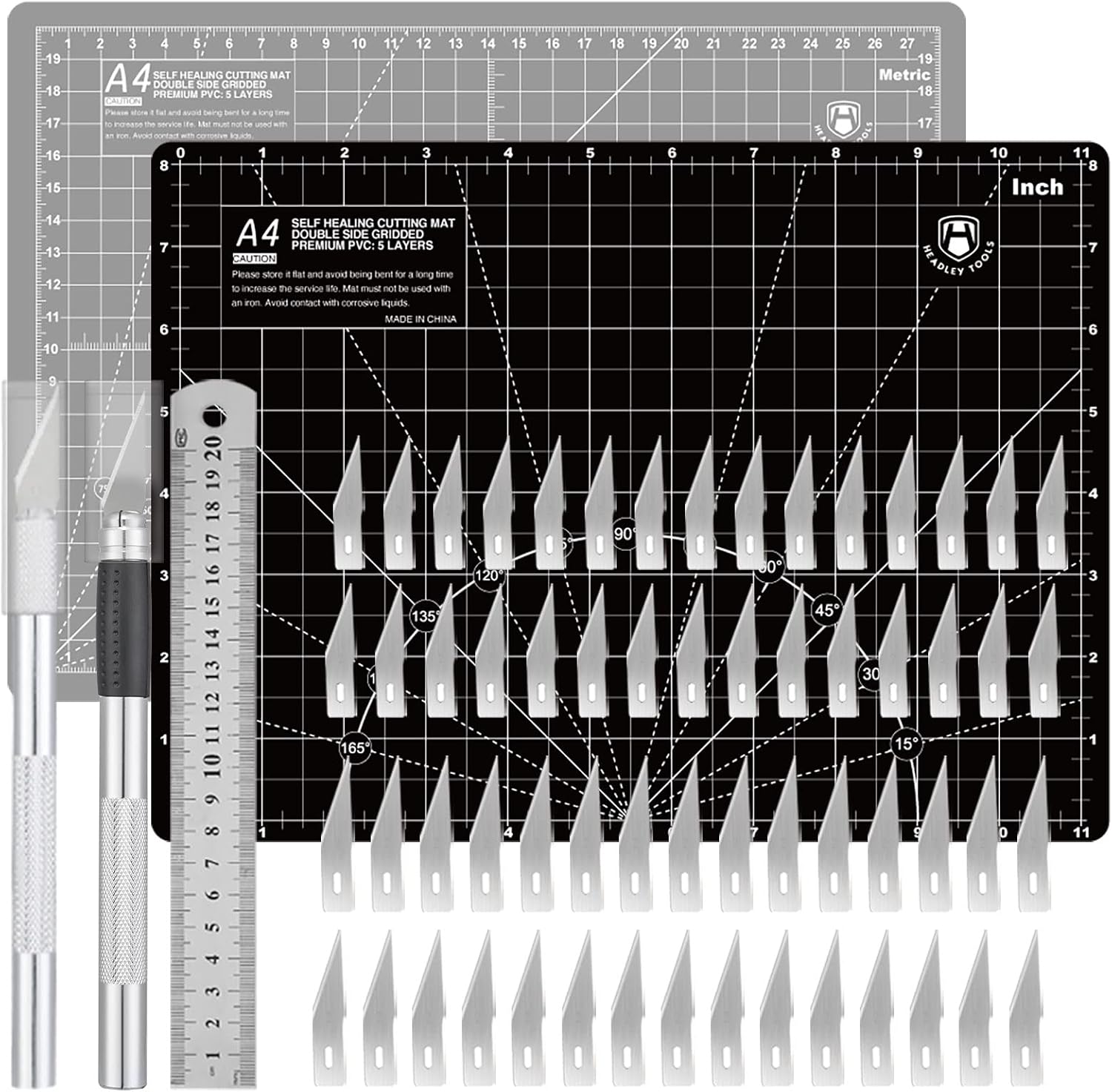 Headley Tools Craft Knife Hobby Knife Includes Self Healing Craft Mat (A4), 60 PCS Spare Blades and A Ruler, Precision Craft Knife Set Ideal for Hobbyist DIY Craft, Scrapbooking Stencil (Black+Gray)