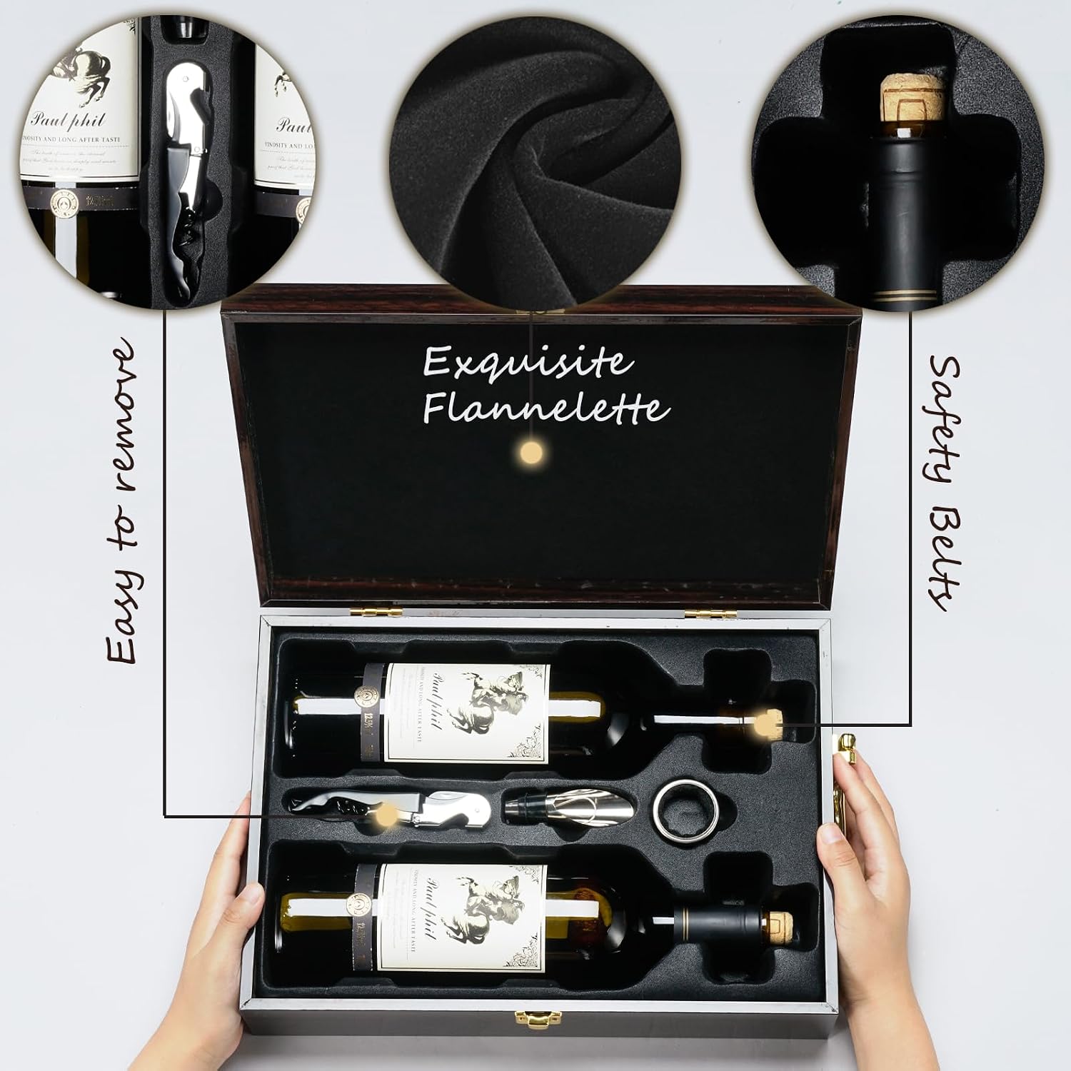 Wine Box, 2 Bottle Top Handle with 3 Accessory Gift for Wedding,Party,Gift,Birthday,Vintage Ebony Wine Storage Box for Home Bar Decor,Handmade Premium Carrier Case