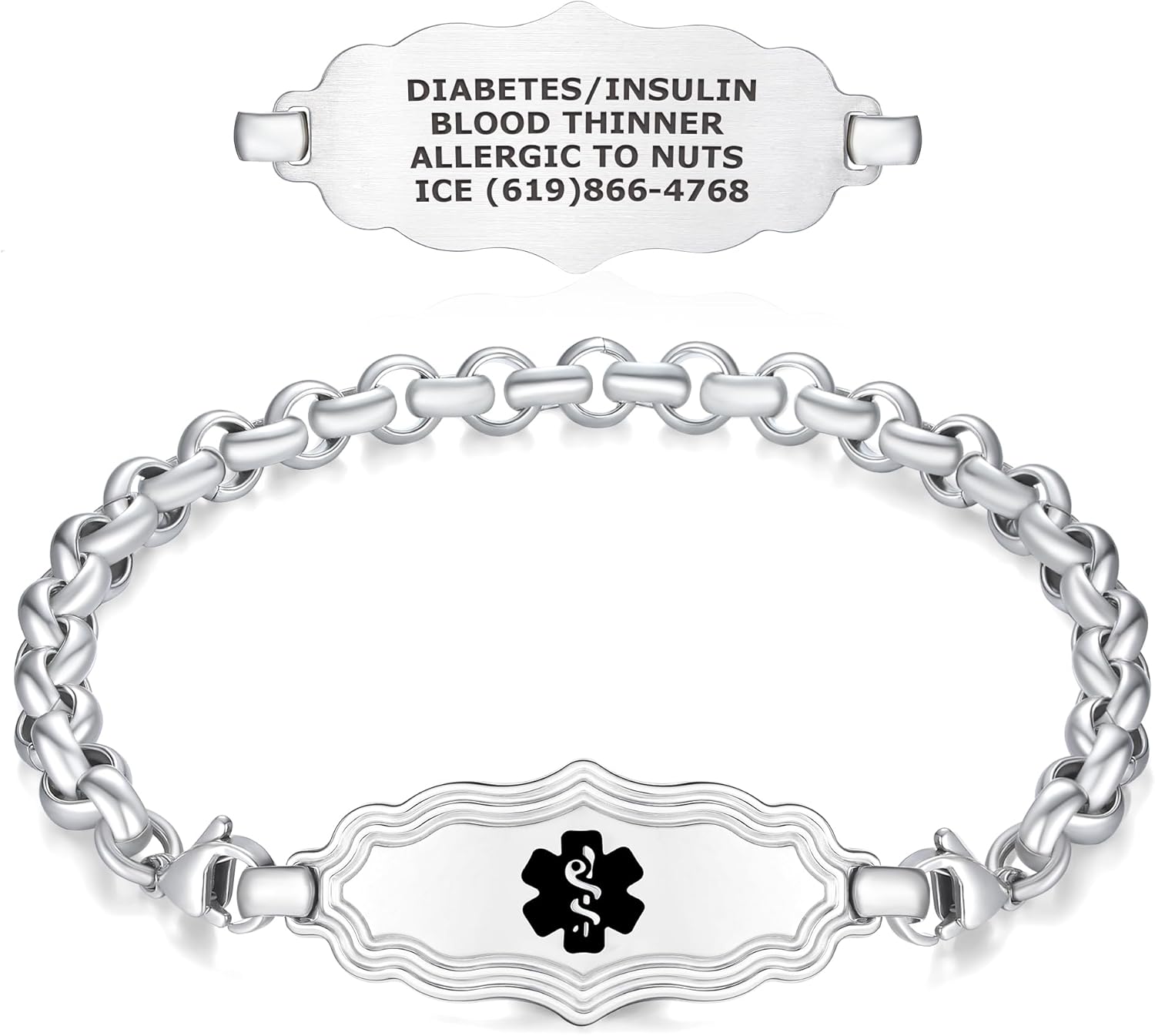Divoti Medical Alert ID Bracelets for Women, Custom Engraved Stainless Steel ID Victorian Art Deco Design w/Rolo Chain, Stylish & Comfortable Personalized Emergency Alert Jewelry