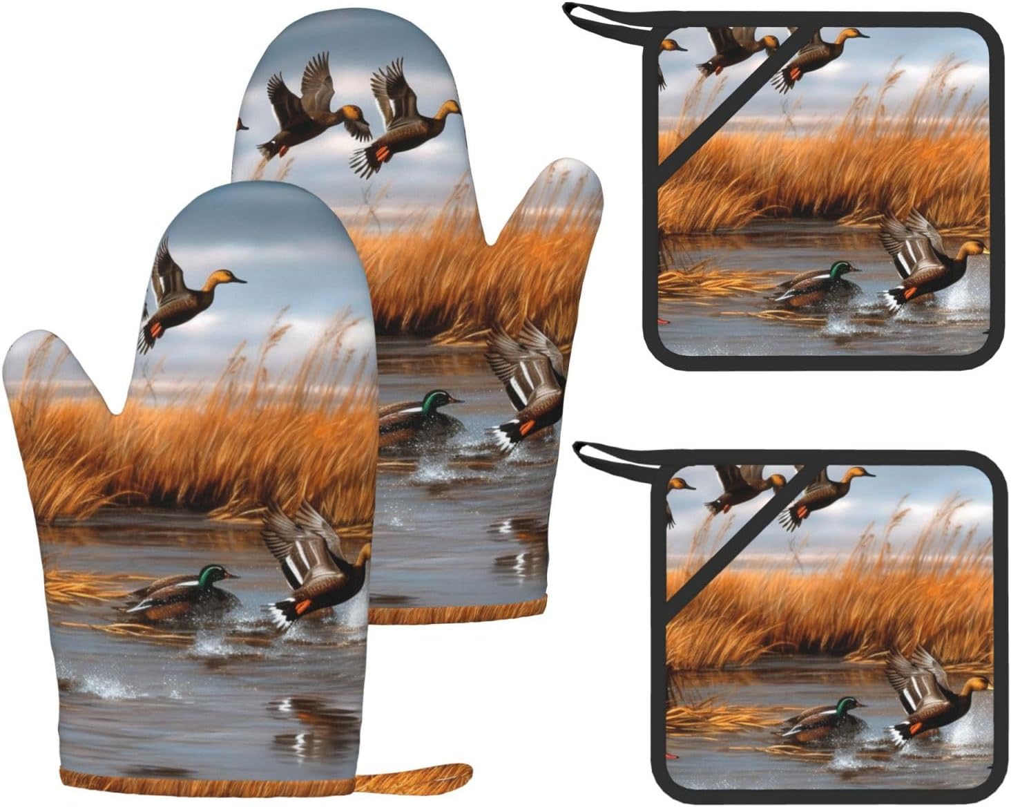 Hunting Flying Wild Duck Oven Mitts and Pot Holders Set of 4 Heat Resistant Kitchen Gloves with Silicone Palm Hot Pads for Baking Cooking Grilling BBQ