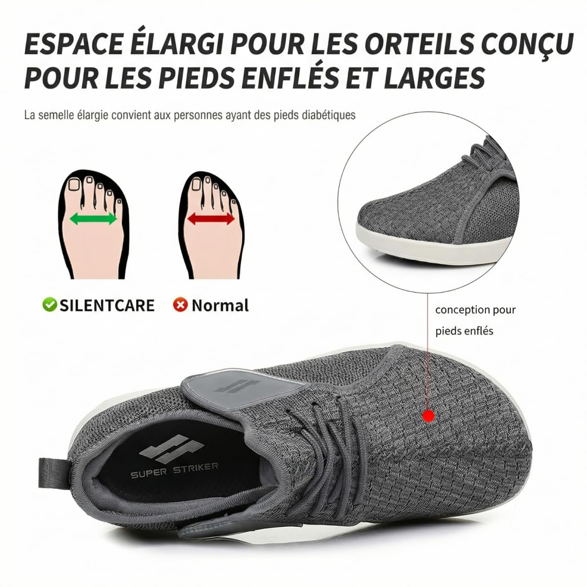 VibeCraft Chaussures Diabétique Homme Femme Extra Larges Respirantes Antidérapantes Confort pour Pieds Gonflés et Sensibles Usage Quotidien