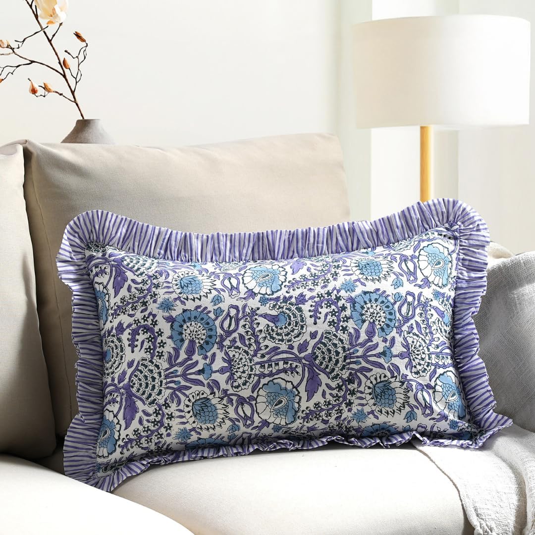 CPC Indigo Blue 100% Cotton Block Print Ruffle Sham Cover 12x20 inch, Handmade Boho Floral Pillowcase, Farmhouse Cottagecore Bedding, Soft Decorative Cushion Cover for Bedroom Décor