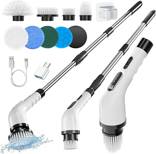 ONEMAKE Limpiador eléctrico giratorio, limpiador de ducha eléctrico, cepillo de limpieza de baño con 8 cabezales de cepillo, 3 velocidades