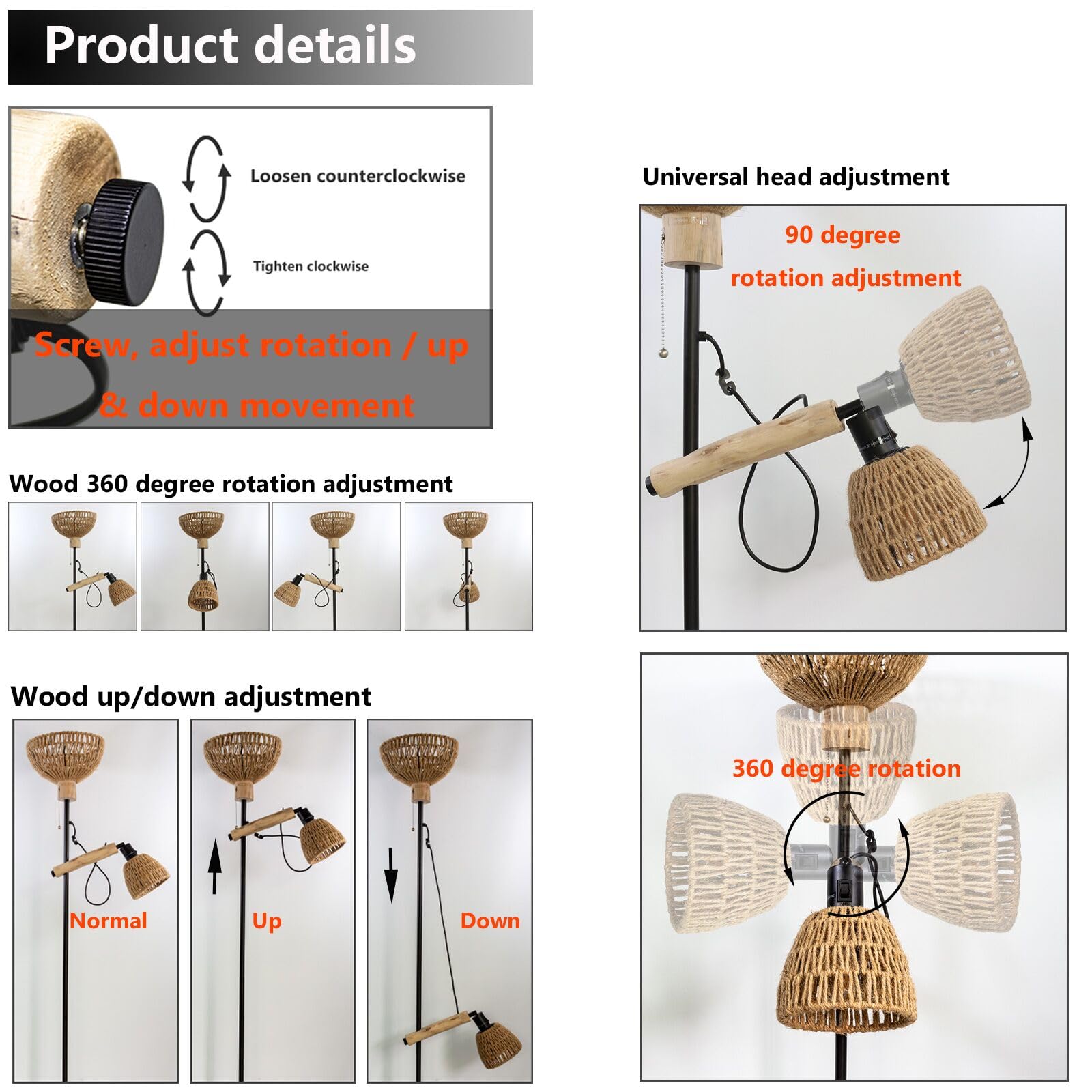 Stehlampe-2 schirm Wohnzimmer,Boho Rattan Stehlampen im Industrial Design mit Metall und Holz,Schalter,Höhe:163cm,Ohne Glühbirnen