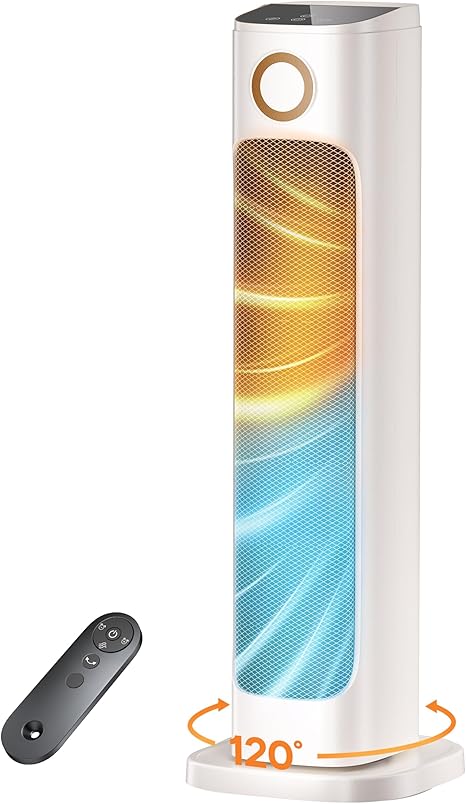 25" Patio Heater And Fan Combo for Indoor Use, 1500W Tower Portable Electric Space Outdoor with Remote,Infrared Heater, 15H Timer, Oscillation, Quiet, for Garage, Room, Office, White