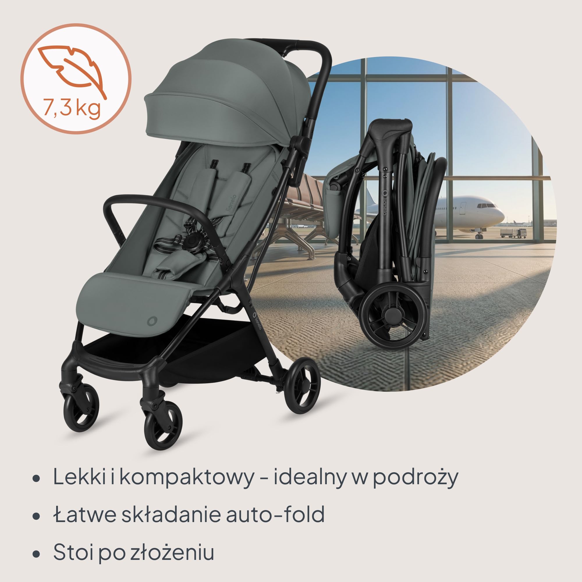 Lionelo Agia wózek podróżny do 22 kg, lekki wózek dziecięcy od 6 miesięcy, mały, składany, z funkcją automatycznego składania jedną ręką, funkcja leżenia, duża powierzchnia do siedzenia, zawieszenie