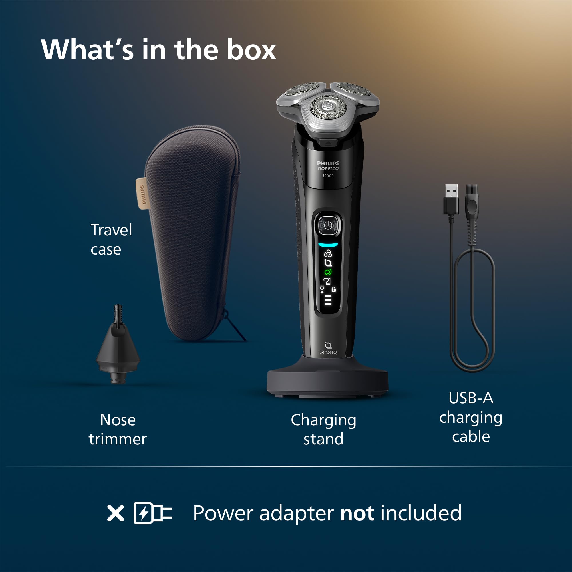 Philips Norelco Shaver i9000, Wet & Dry Electric Shaver, Ink Black, SenseIQ Technology, Triple Lift & Cut System, 360 Rotating Dual SteelPrecision Precision Blades, Nose Trimmer, Model X9000/90