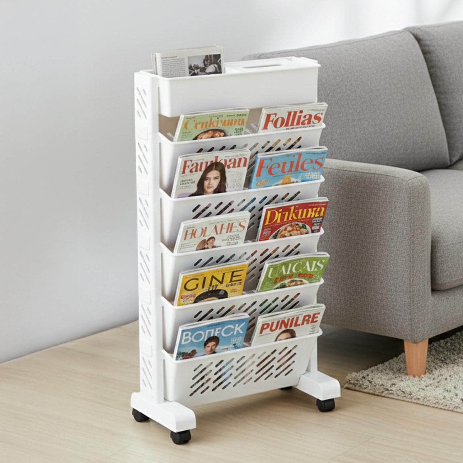 5-Layer Mobile Floor Storage Organiser with Wheels | 39 × 19 × 76 cm | White | Plastic | Rolling Vertical Storage for Home, Office & Craft Supplies | Pack of 1-image-9
