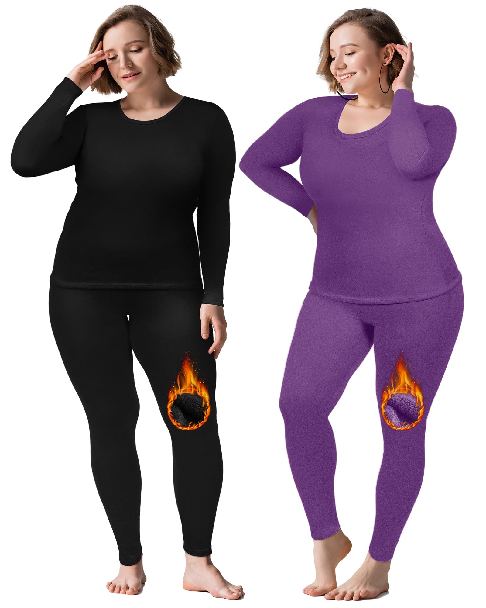 2 Sets Plus Size Long Thermal Underwear for Women Fleece Lined Base Layer Pyjama Top and Bottom Cold Weather-image-41