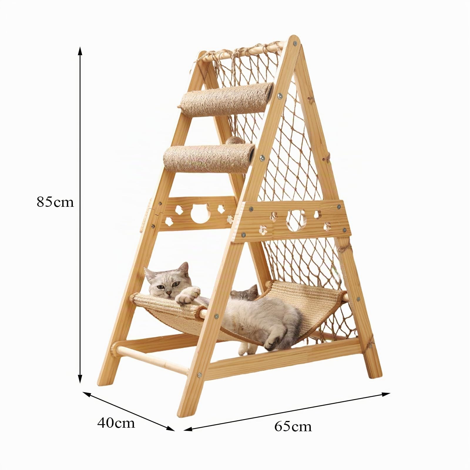 Tour à chat en bois avec filet d'escalade, griffoir en sisal et hamac – Grand arbre à chat triangulaire stable de 85,1 cm pour chats d'intérieur