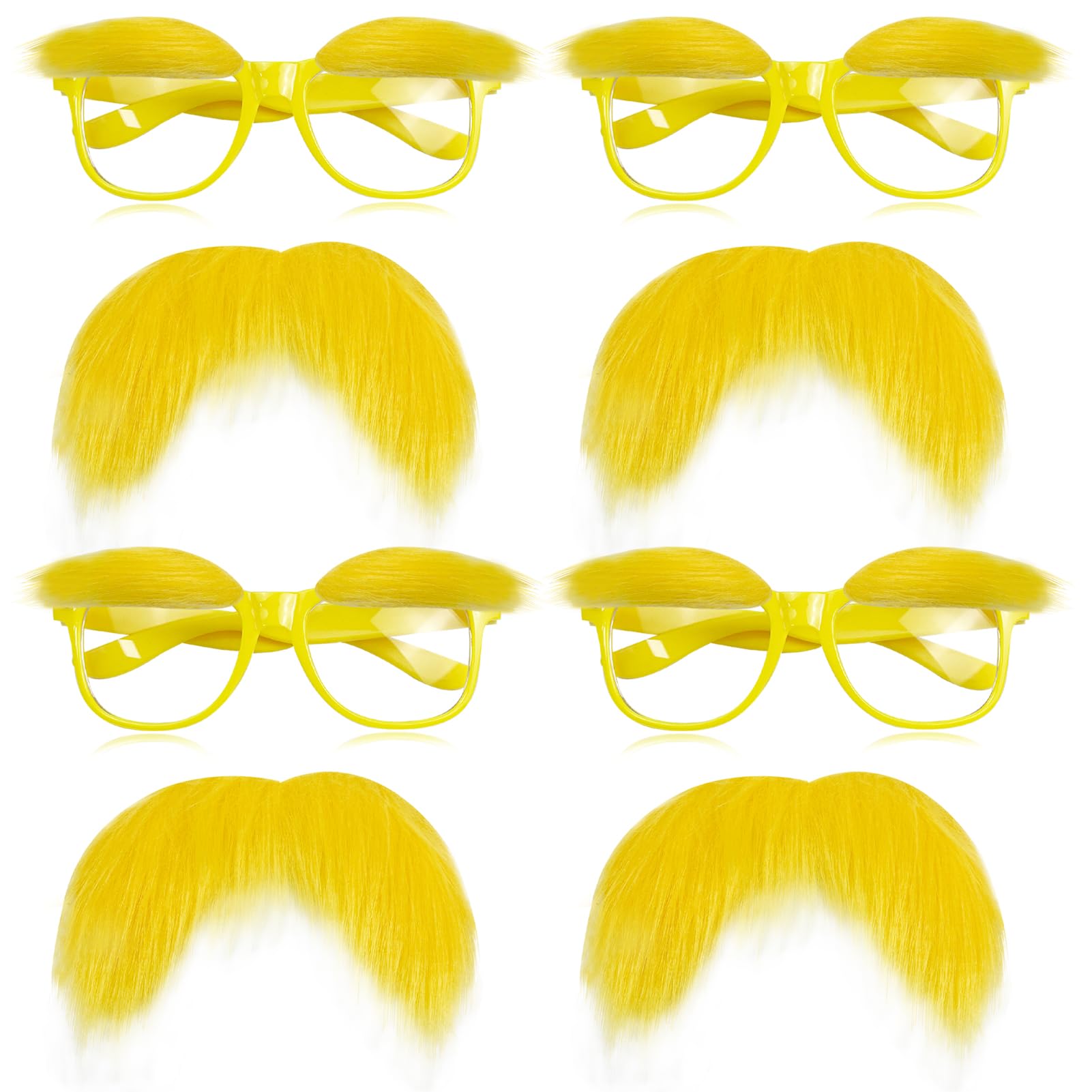 AIHSUMC 4 Pieces Yellow Mustache and Eyebrows With 4 Pieces Glasses Halloween Costume Accessories for Adult, Fake Beard Funny Party Favor Cosplay Costume Set Men Women