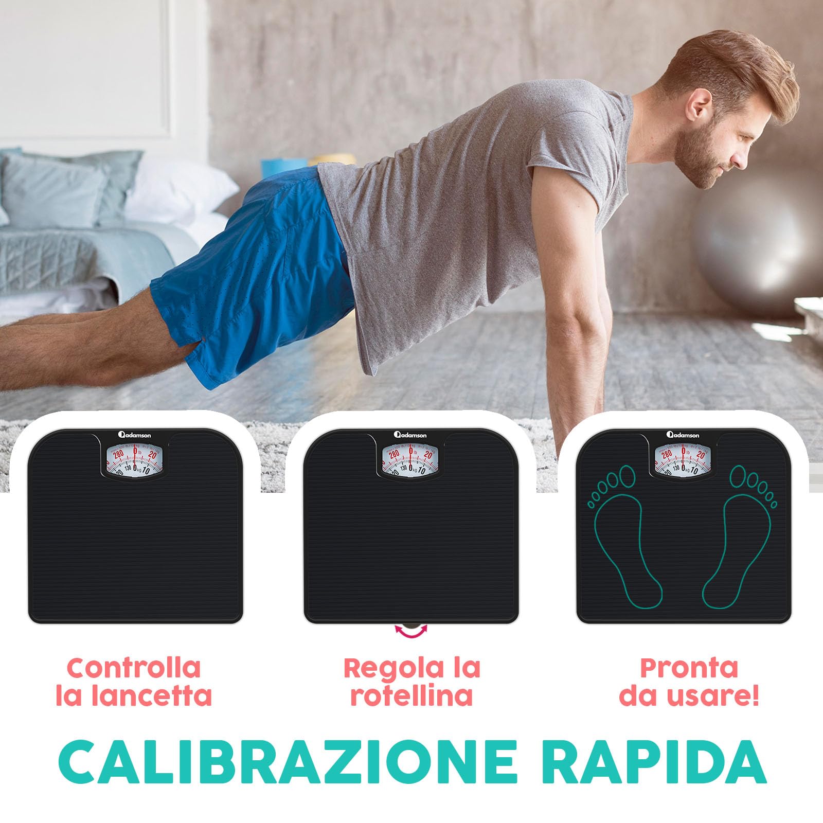 Adamson A21 Bilancia Pesapersone Meccanica - Fino a 136 KG - Superficie in Gomma Antiscivolo - Bilancia Pesapersone Analogica - Bilancia Analogica con 20 Anni DI Garanzia - Nero Completo