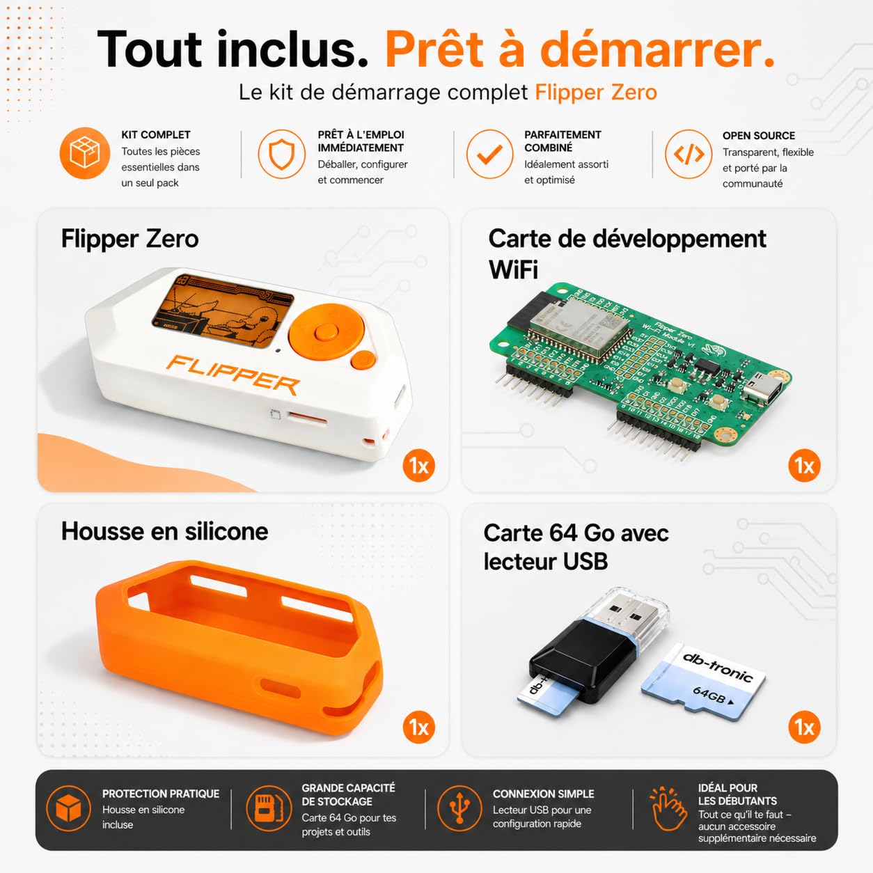 Flipper Zero Starter Kit Complet | Flipper Zero | Carte WiFi | Coque en Silicone | Carte mémoire de 64 Go | Lecteur de Carte USB