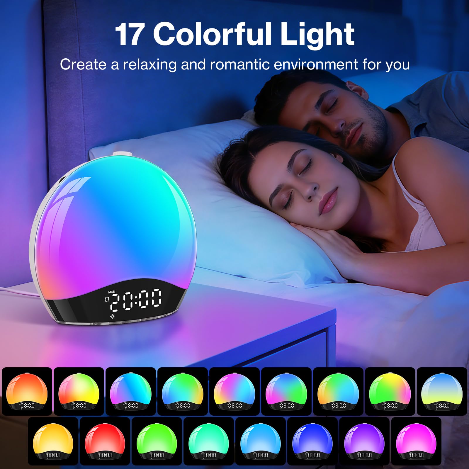 Eveil Lumière Simulateur D'aube Sur Lampe De Chevet LED, 2 Alarmes Avec Fonction Snooze, 17 Couleurs De Lumière, 22 Sons Naturels, 20 Niveaux De Luminosité, Éclairage D'ambiance, Lampe De Chevet