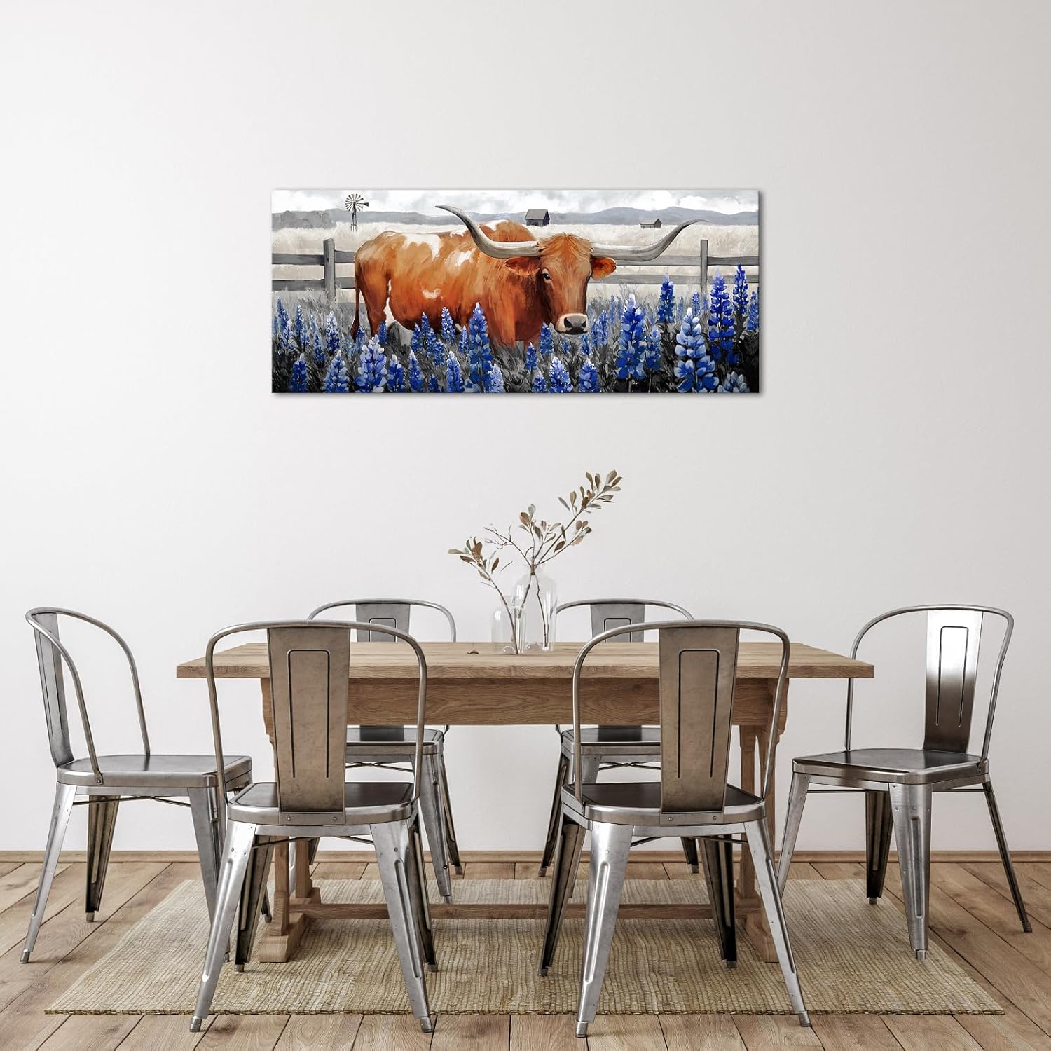 Conipit Longhorn Cattle Wall Art Bluebonnet Pictures Western Canvas Art, Framed 20x48 Inches