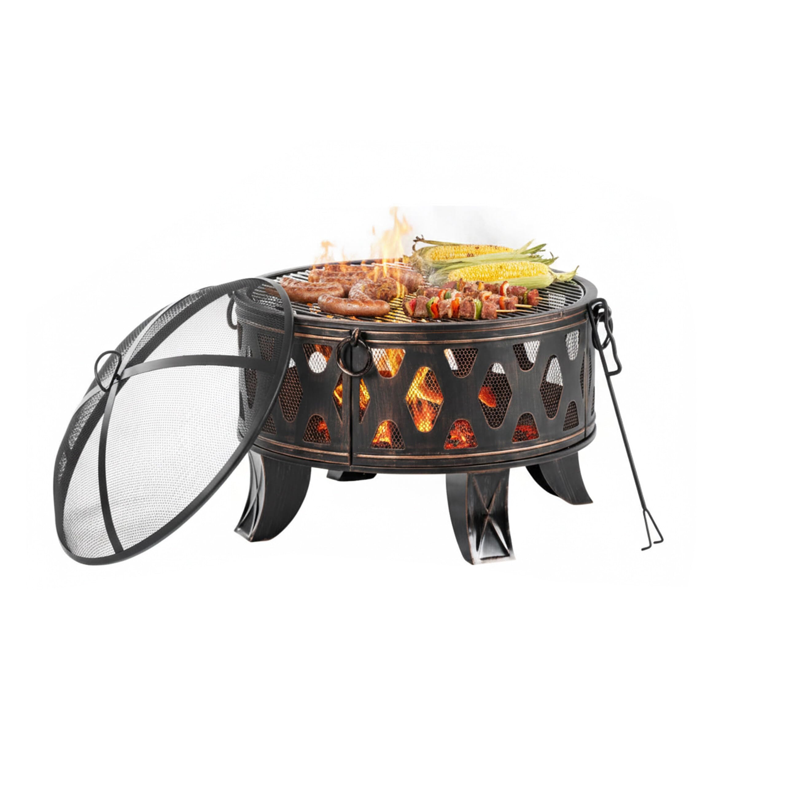 Relaxdays Feuerschale, Ø 66 cm, mit Grillrost, Funkenschutz & Schürhaken, Feuerstelle Garten, Feuerkorb, schwarz/Bronze