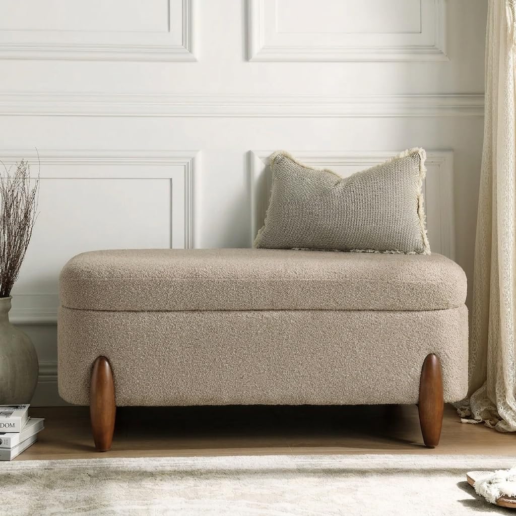 Modern Boucle Upholstered Storage Bench Ottoman with Solid Wooden Legs, Soft Teddy Fabric End of Bed Bench Seat with Cushion for Living Room, Bedroom & Entryway, Taupe