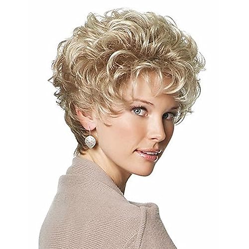 Miniatura 2 de GNIMEGIL Peluca de cabello rubio corto, rizado, peluca natural de mamá con flequillo para mujer, resistente al calor, peluca sintética para cosplay,
