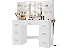 Furmax White Vanity Desk with Mirror and LED Lights