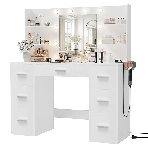 Furmax Vanity Desk with Mirror, LED Lights and Power Outlet Makeup Vanity Table with 7 Drawers and 6 Storage Shelves Dressing Table for Bedroom Dressing Room (White) - White