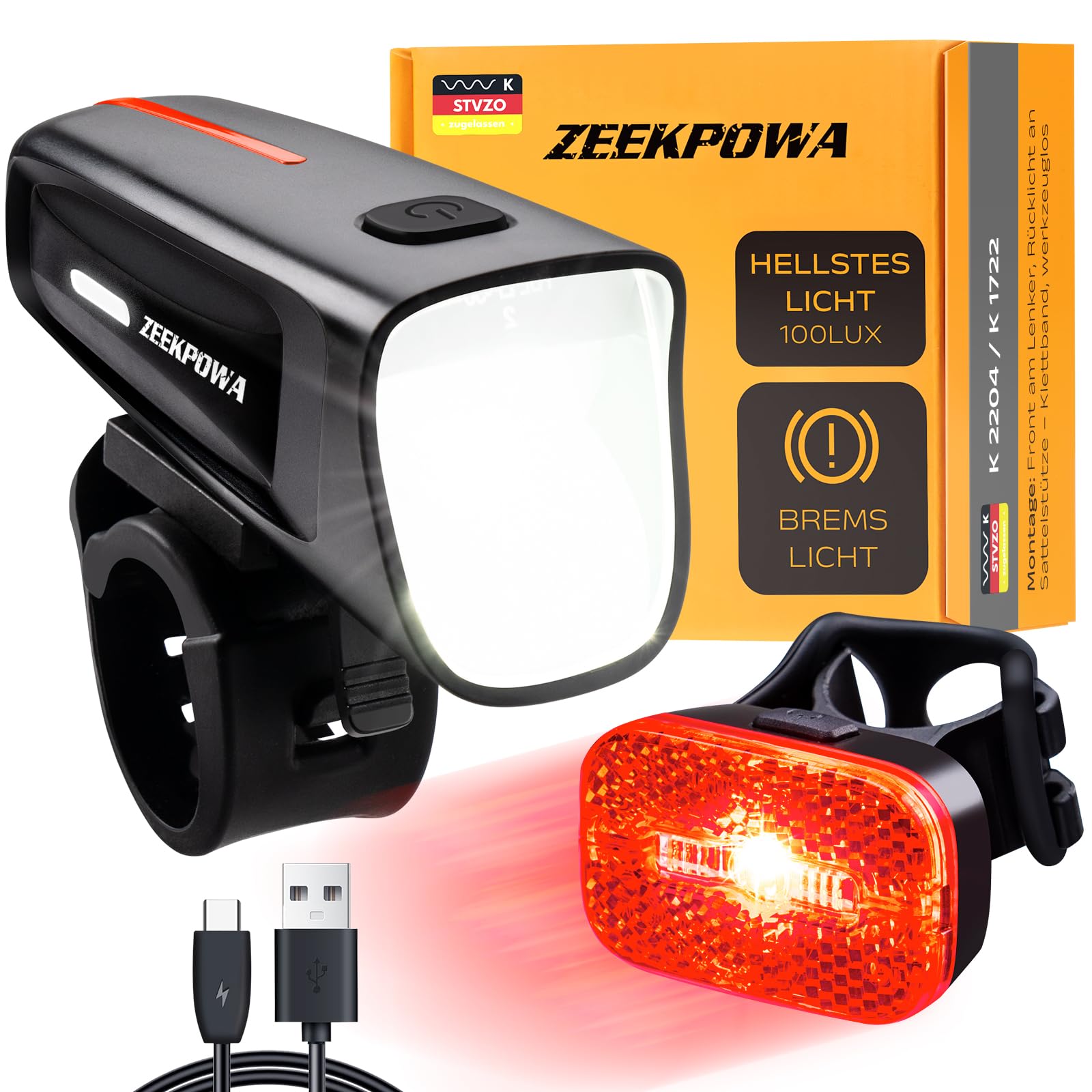 Kit d'éclairage de vélo 100 Lux StVZO, batterie USB-C avant + feu arrière avec fonction feu stop, étanche IPX5 pour les trajets en route de nuit