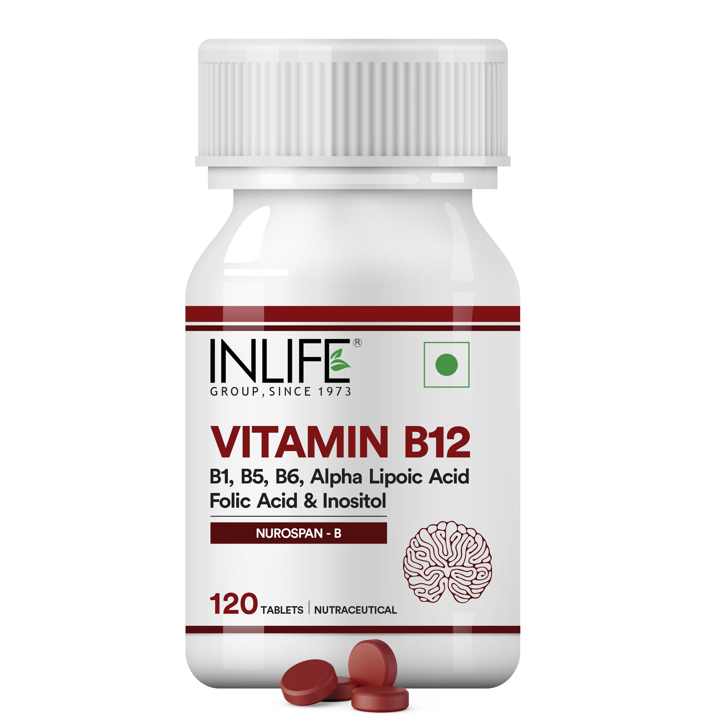 INLIFE Vitamin B12 with Alpha Lipoic Acid, Inositol B5 & B6, Energy Nerve & Brain Health Support, Men Women, 120 Tablets (Vit B12, Pack of 1)