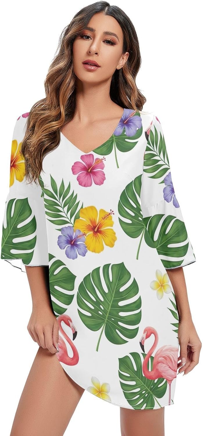 Flamingos Palm Leaves Casual Chiffon Dress Printed Line Maternity Dress