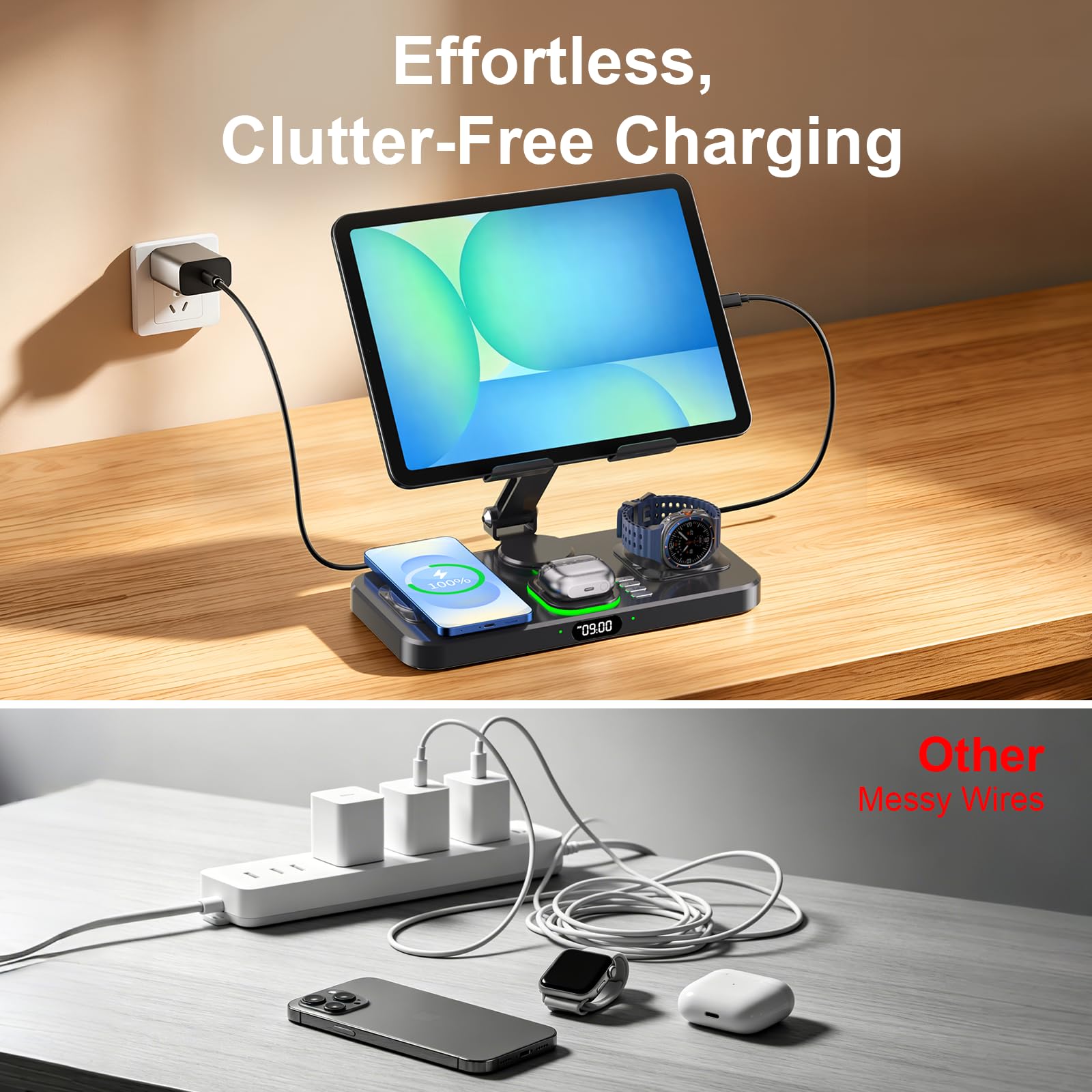 Chargeur sans fil 6 en 1 pour plusieurs appareils Samsung, station de charge avec horloge, support rotatif pliable pour iPad, S26/S25 Ultra/Z Fold 7 et Buds, uniquement pour Galaxy Watch (noir)