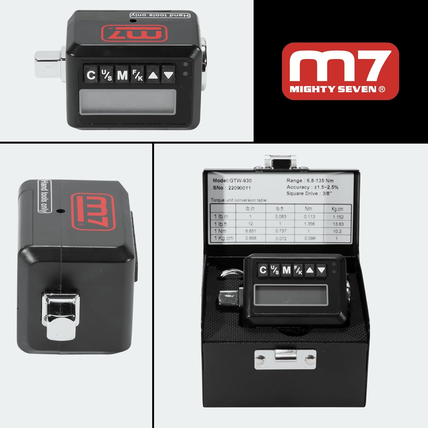 M7 GTW-930 3/8-inch Digital Torque Wrench Adapter, Convert 3/8-inch Ratchet Wrenches into Precision Tools, Digital Torque Adapter with Tone Alert, Torque Converter Mechanic Tool in Three Unit Displays