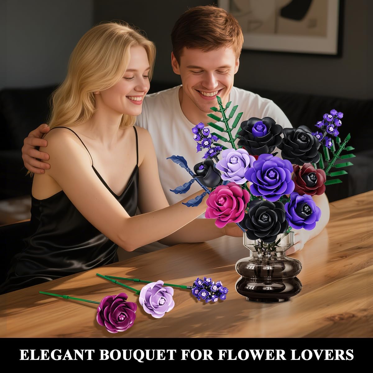 HOGOKIDS Flowers Bouquet Building Set - Valentine 14 Purple Roses Botanical Collection Building Block, 546PCS Artificial Black Rose Gothic Floral Home Office Decor, Birthday Gifts for Women Adults - Image 2