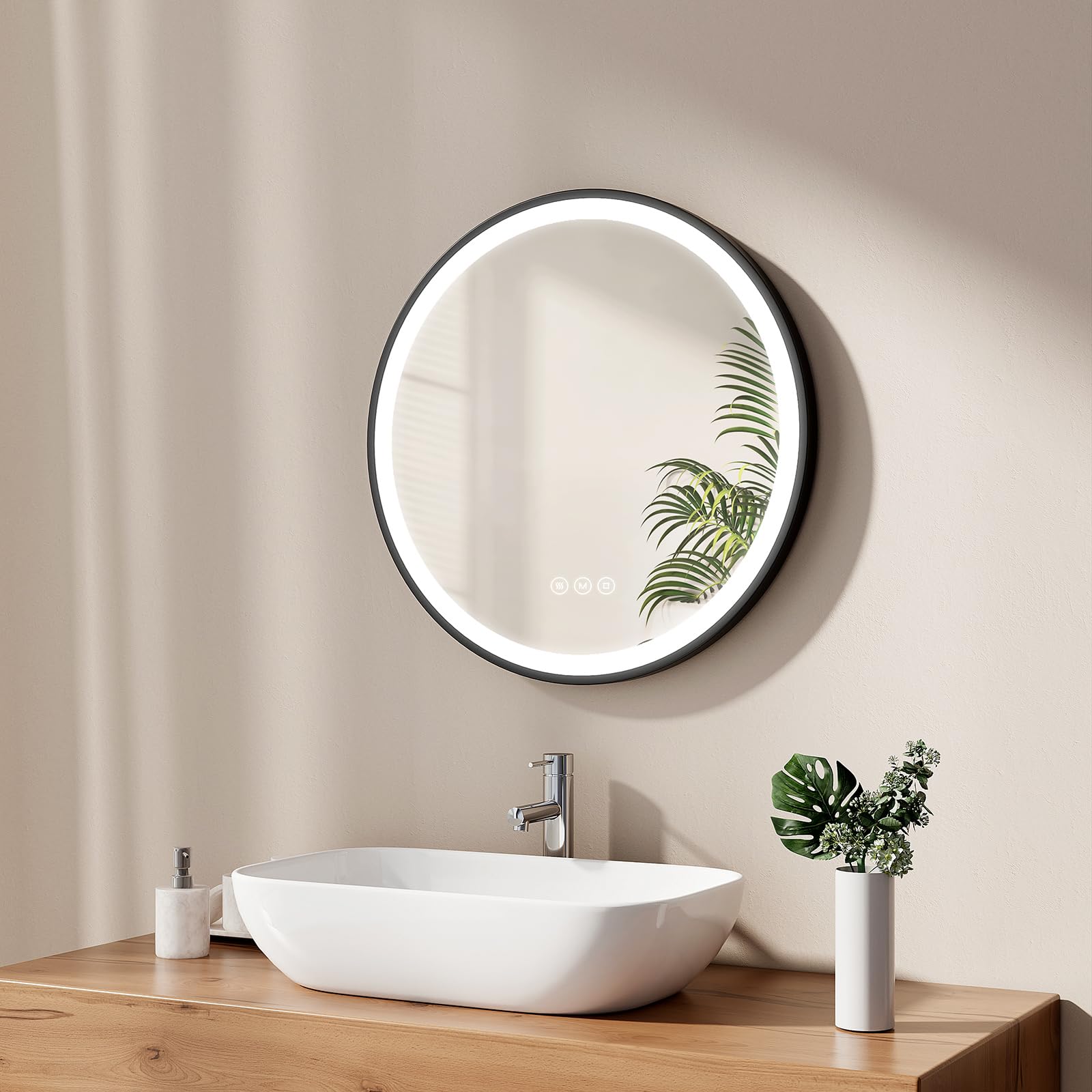 EMKE Espejo de baño Redondo 60 cm, Marco Negro y Correa Ajustable | Espejo Redondo Pared con luz, Interruptor táctil y función antivaho, 3 Colores de luz Variables