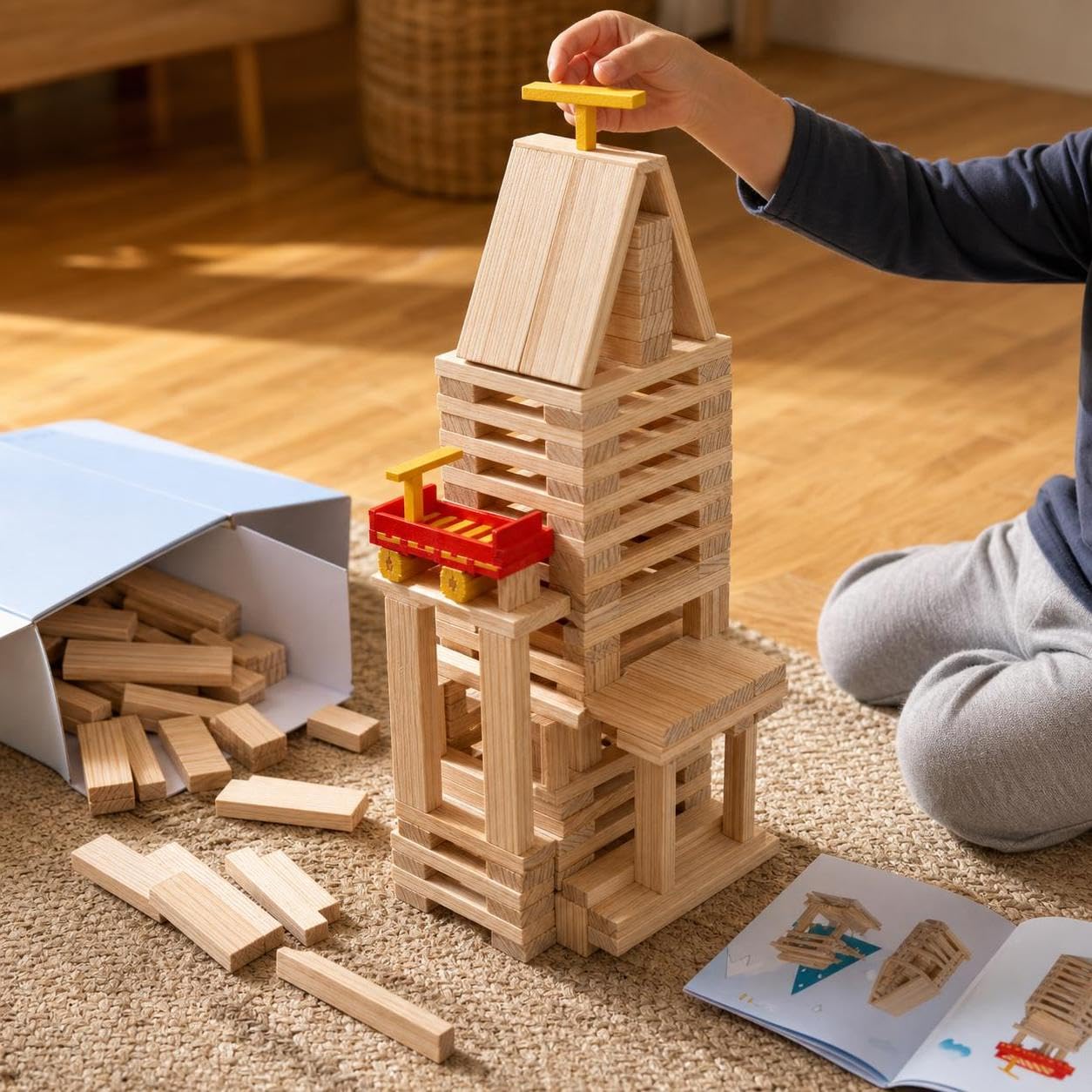 Bausteine aus für ab 3 Jahren - klötze Klötzchen mit Anleitung und Geschenkbox - zum Spielen, Bunt, 200 Stück