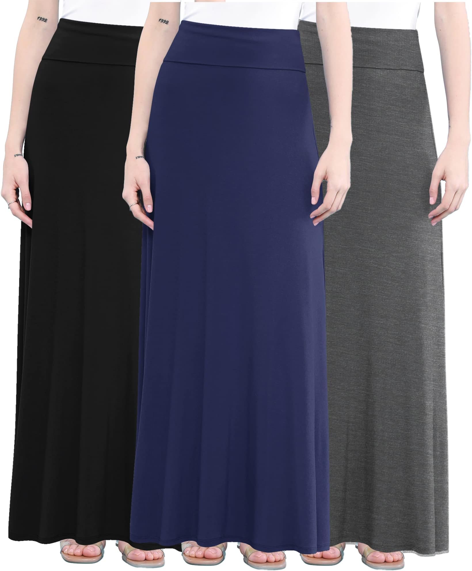 Lock and Love Women's Basic Solid Tie Dye Foldable High Waist Floor Length Maxi Skirt S-3XL Plus Size