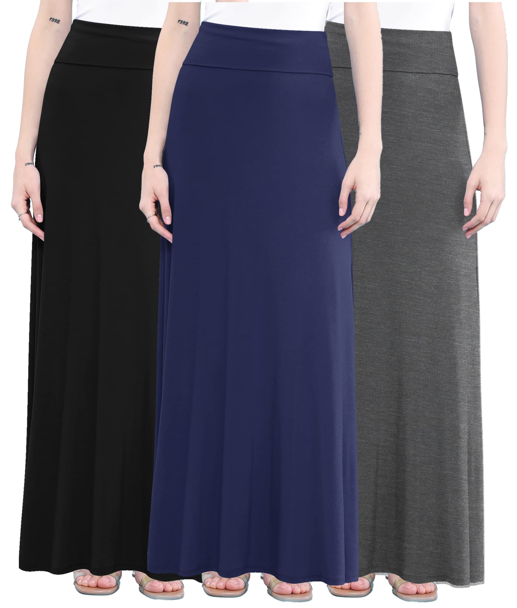 Lock and Love Women's Basic Solid Tie Dye Foldable High Waist Floor Length Maxi Skirt S-3XL Plus Size