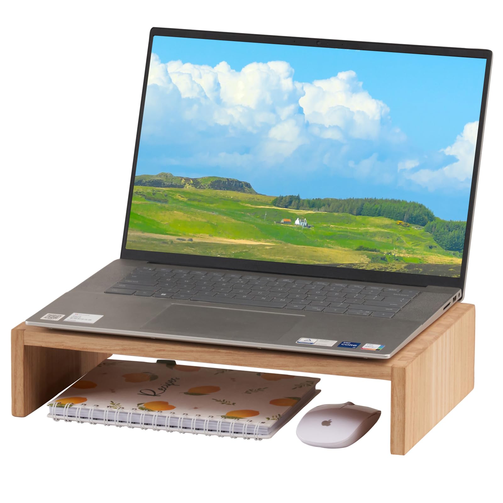 KIRIGEN Support d’écran en bois, rehausseur PC, 39 x 24 x 8,5 cm, naturel | Paulownia massif, fait main, livré monté, tenon-mortaise, charge max. 20 kg, huile végétale, 4 patins antidérapants