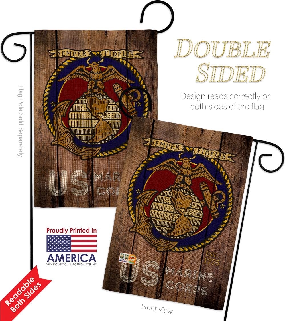 US Marine Corps Burlap Garden Flag Set with Stand Armed Forces USMC Semper Fi United State American Military Veteran Retire Official Small Gift Yard House Banner Double-Sided Made In USA 13 X 18.5