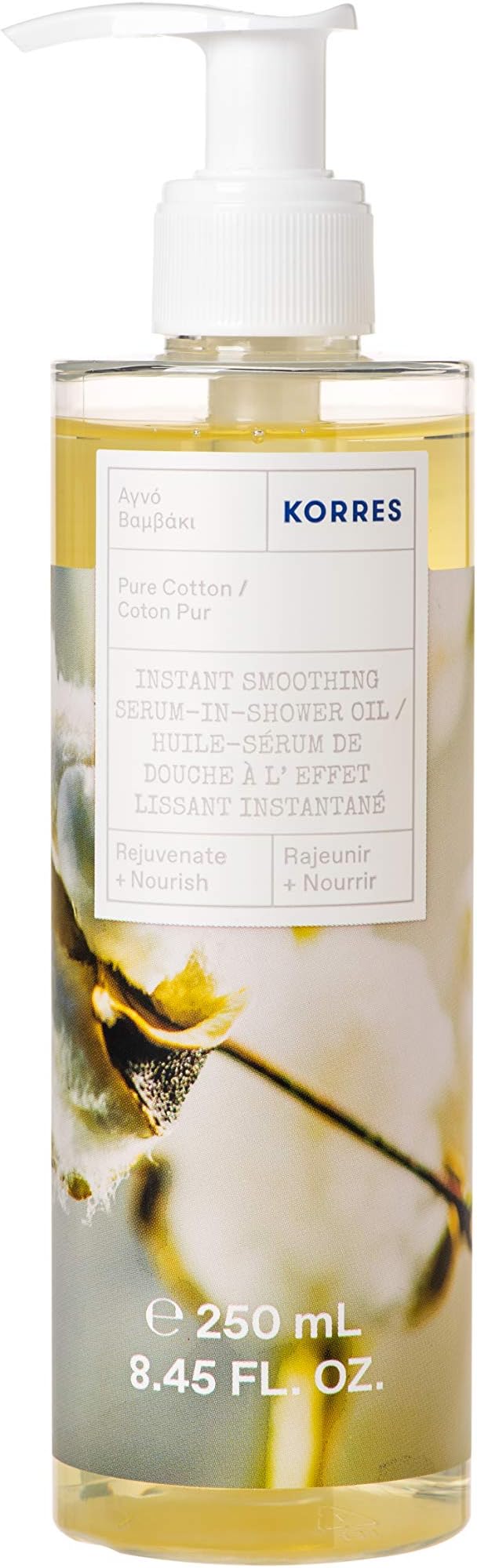 KORRES Instant Smoothing Serum Shower Oil, Lightweight Hydrating Body Oil for Men and Women, Daily After Shower Skin Care for Dry & Rough Skin, Nourishing Botanicals with Pure Cotton Scent, 8.45 Fl Oz