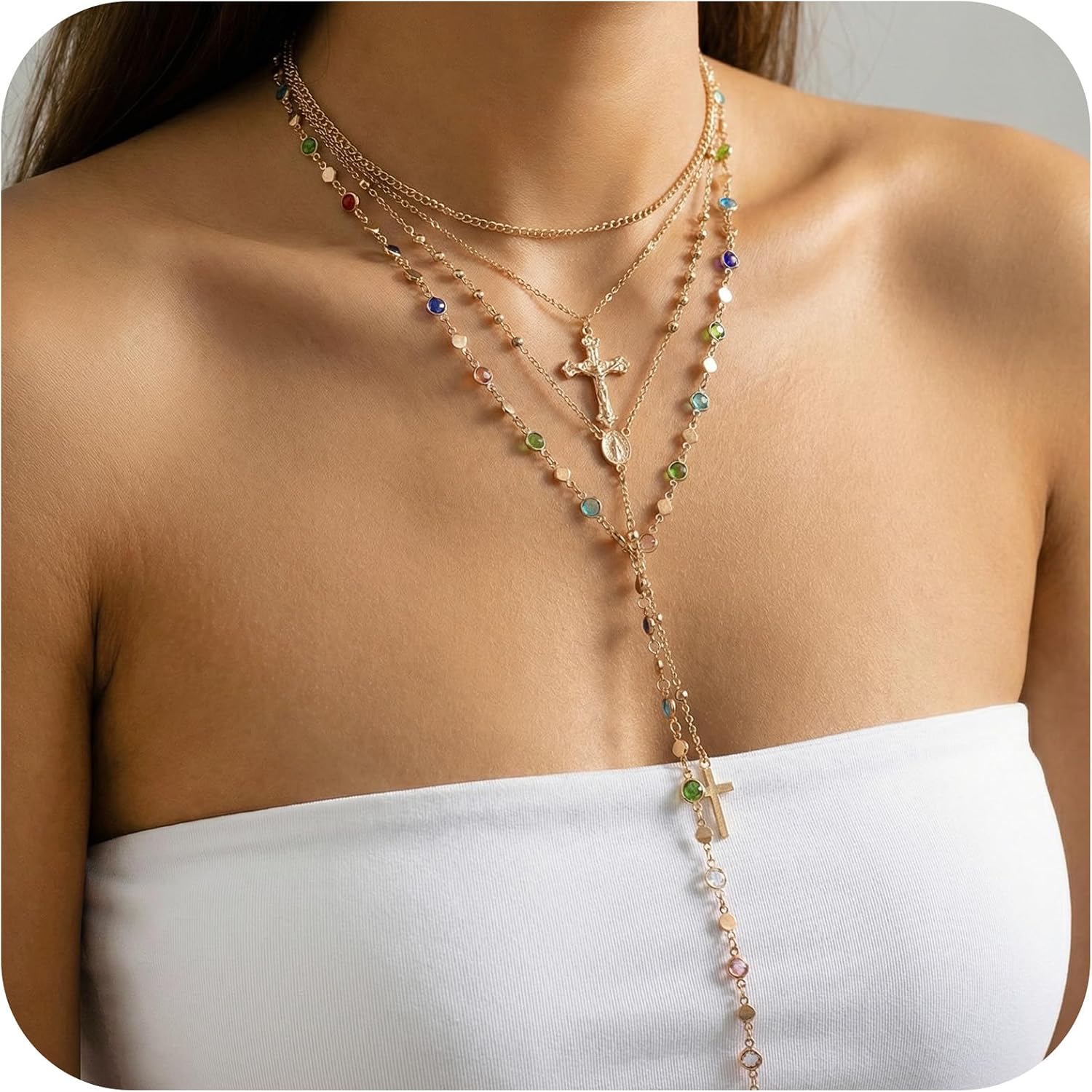 Layered Cross Necklaces Fashion Trendy Gold Stack Chain Bohemian Bead Pearl Y Long Pendant Necklace Adjustable Vintage Rosary Necklace Statement Chunky Jewelry for Women